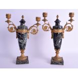 A PAIR OF 19TH CENTURY FRENCH ORMOLU AND MARBLE CANDLESTICKS. 30 cm x 16 cm.