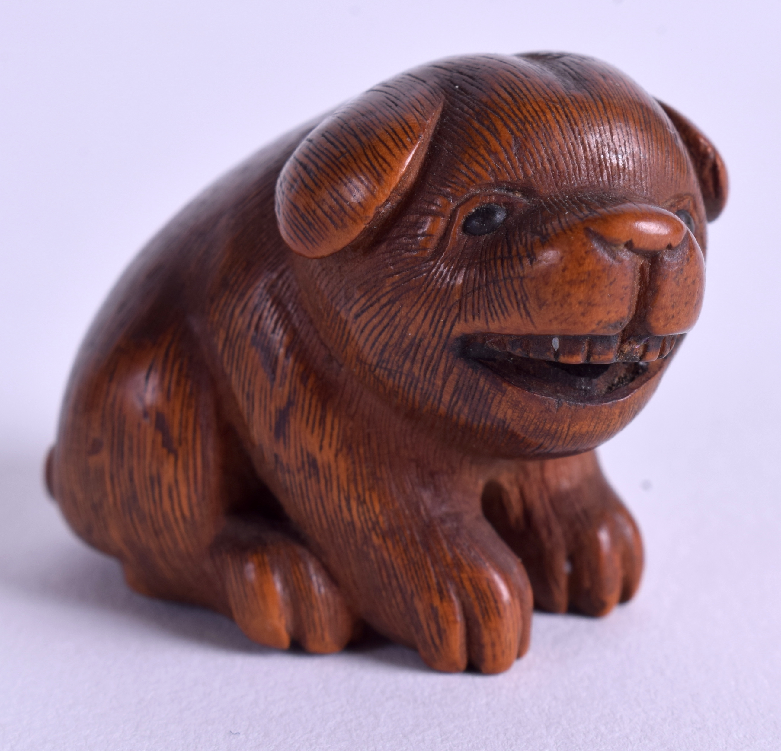 A LOVELY 19TH CENTURY JAPANESE MEIJI PERIOD BOXWOOD NETSUKE modelled as a recumbent puppy. 3 cm x 2
