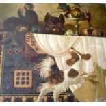 CHINESE SCHOOL (20th century) UNFRAMED OIL ON CANVAS, a dog beside two monkeys in amusing scenes. 1