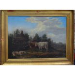 BRITISH SCHOOL (early 20th century) FRAMED OIL ON CANVAS, cattle in a landscape. 41.5 cm x 59 cm.