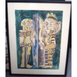 B. K (Russian) FRAMED ABSTRACT WATERCOLOUR, two figures having a conversation through a door. 42 cm