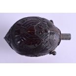 AN EARLY 19TH CENTURY CARVED COCONUT BUGBEAR POWDER FLASK decorated with arms and figures. 13 cm x