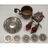 A CHINESE WHITE METAL DISH, together with five coins, bottle etc. (10)