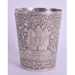 A 19TH CENTURY INDIAN SILVER KUTCH SILVER BEAKER decorated with figures within landscapes. 4.9 oz.