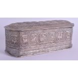 A 19TH CENTURY INDIAN KUTCH SILVER BOX AND COVER decorated with Buddhistic figures and animals. 12.