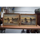 A PAIR OF MID 20TH CENTURY CHINESE ASIAN OIL ON CANVAS boats on the river. 44 cm x 63.5 cm.