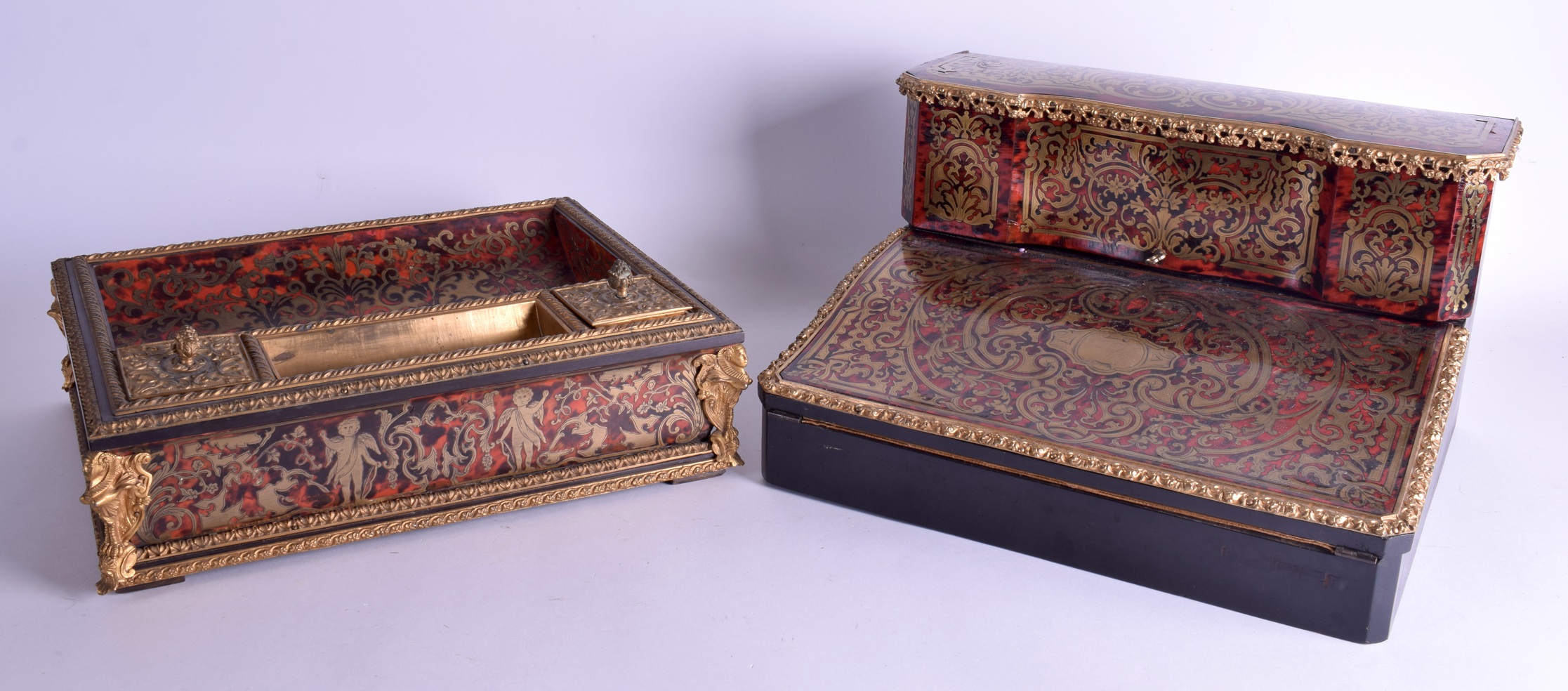 A LARGE 19TH CENTURY FRENCH BOULLE WORK DESK STATIONARY CABINET with large matching inkwell, decora