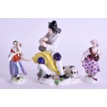 A MEISSEN PORCELAIN FIGURE OF A BAG PIPER together with a pair of miniature Meissen figures. 9 cm &