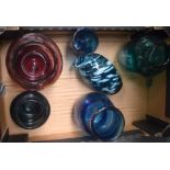 A GROUP OF SIX ART GLASS VASES, of varying size and style. Largest 22.5 cm.