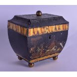 A REGENCY PAINTED LACQUERED TOLEWARE TEA CADDY. 13 cm x 13 cm.