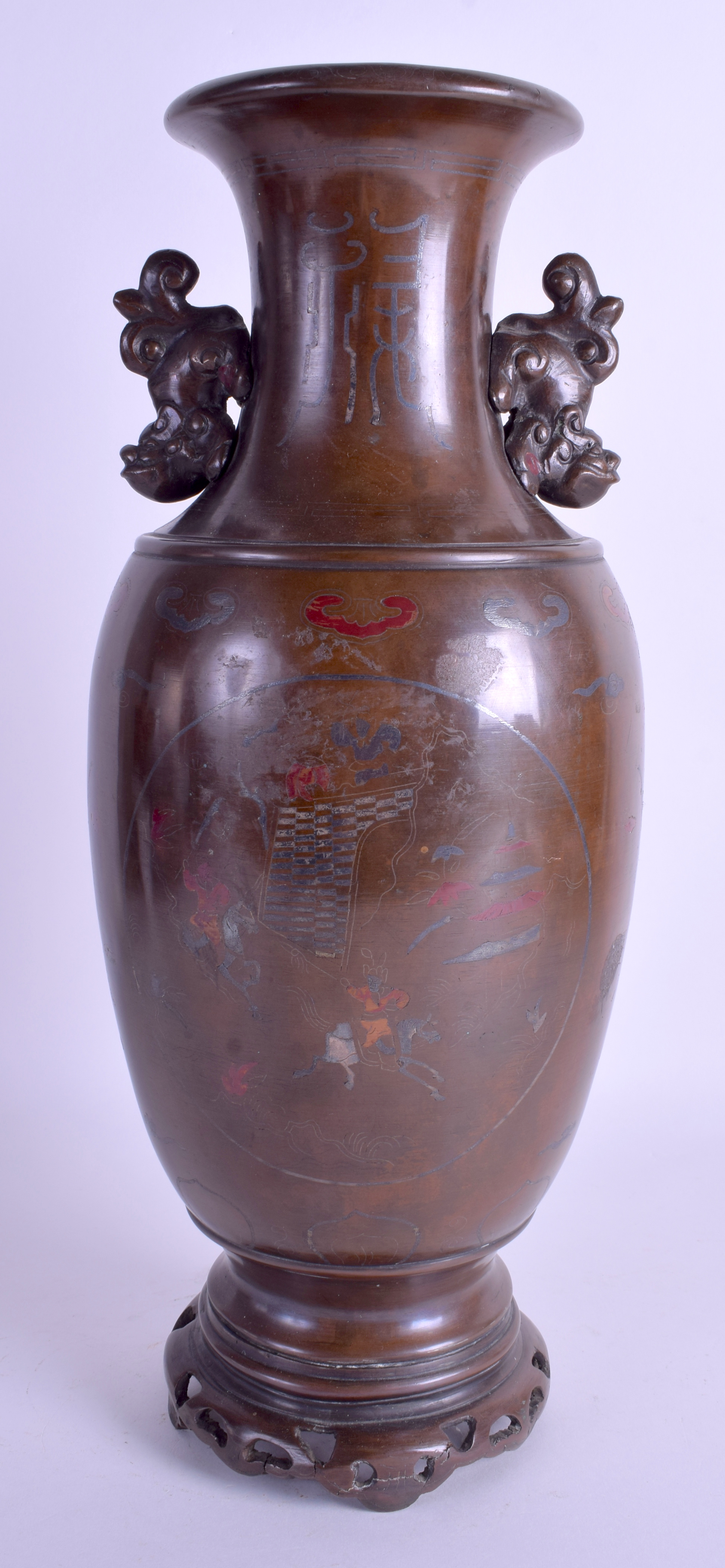 A LARGE 19TH CENTURY CHINESE SILVER INLAID BRONZE VASE decorated with figures and clouds. 39 cm hig