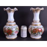 A LARGE PAIR OF 19TH CENTURY OPALINE GLASS VASES with crimped rims, painted with flowers and traili