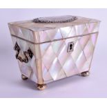 A GOOD ANTIQUE SILVER MOUNTED MOTHER OF PEARL TEA CADDY with open work foliate plaque. 13 cm x 10 c