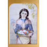 A FINE 19TH CENTURY PAINTED IVORY PORTRAIT MINIATURE modelled as a standing female holding a basket