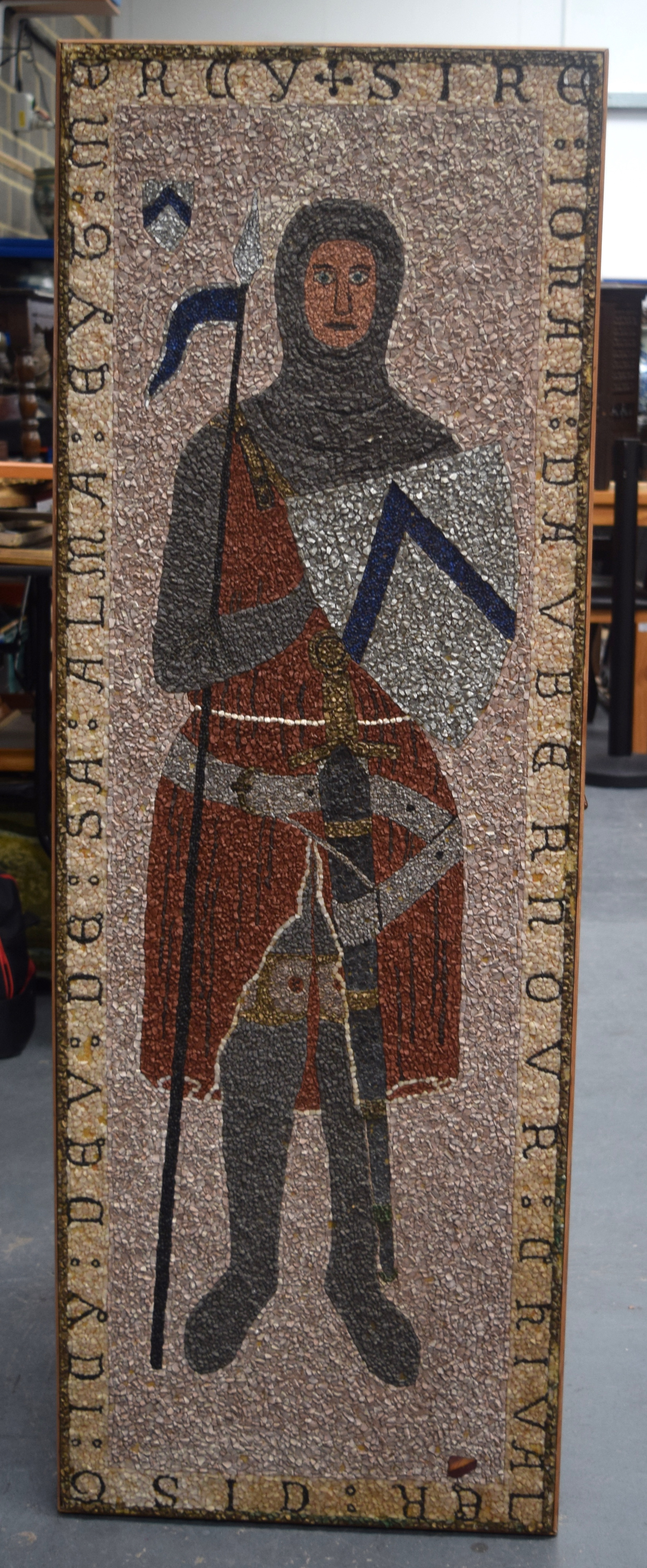 A MIX 20TH CENTURY GRAVEL ART KNIGHT. 134 cm x 48 cm.