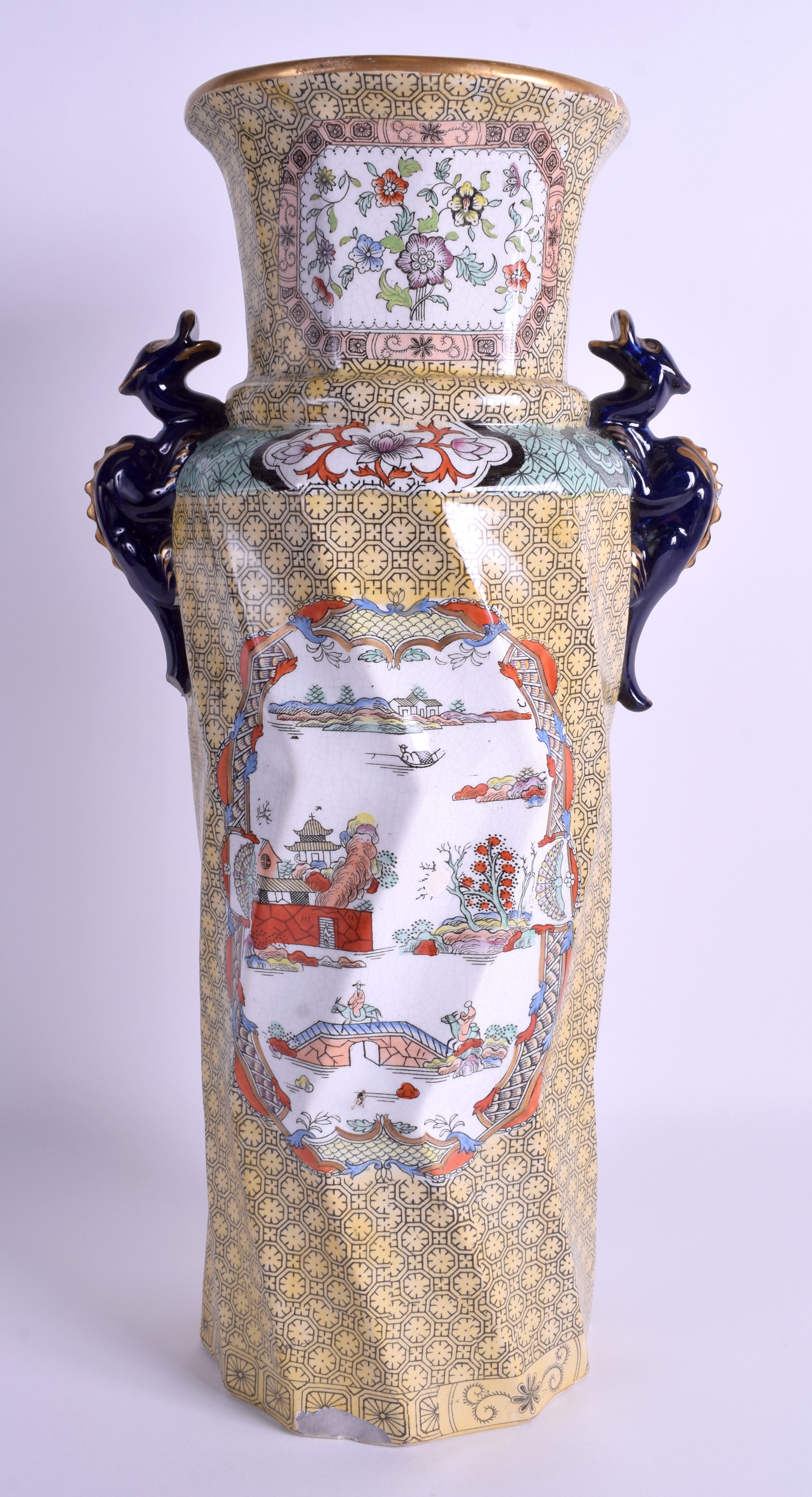 A LARGE 19TH CENTURY FENTON STONEWARE IRONSTONE MASONS STYLE VASE decorated with chinoiserie scenes