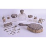 AN ANTIQUE SILVER TOPPED DRESSING SCENT BOTTLE together with a brush, mustard pot etc. (13)