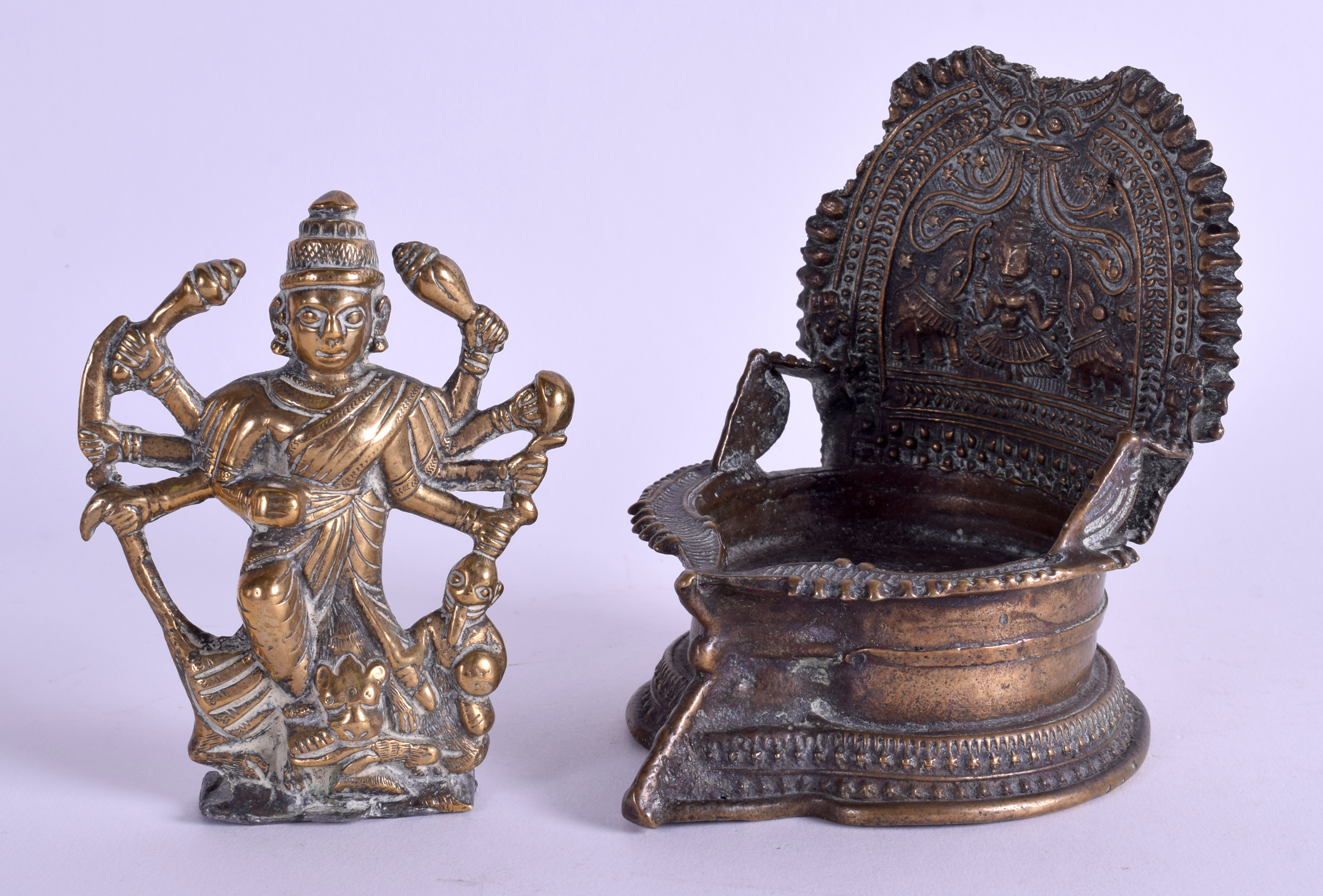 A 19TH CENTURY INDIAN BRONZE FIGURE OF A BUDDHIST DEITY together with an Eastern censer. 11 cm & 13