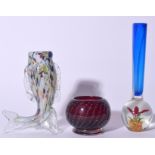 AN ITALIAN MURANO GLASS FIGURAL VASE IN THE FORM OF A FISH, together with a posy vase and a red gla
