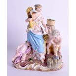 A 19TH CENTURY MEISSEN PORCELAIN FIGURE OF A FEMALE modelled holding a scythe beside three putti. 2