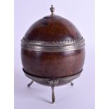 AN EARLY 19TH CENTURY CARVED COCONUT TOBACCO BOX AND COVER with Continental silver mounts. 11 cm x