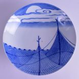 A 19TH CENTURY JAPANESE MEIJI PERIOD HIRADO BLUE AND WHITE DISH painted with fishing nets. 21.5 cm