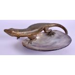 A CHARMING 19TH CENTURY BRASS CORAL AND MOTHER OF PEARL LIZARD DISH. 28 cm x 18 cm.