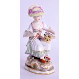 A 19TH CENTURY MEISSEN STYLE FIGURE OF A FEMALE modelled holding a basket of flowers. 12.5 cm high.