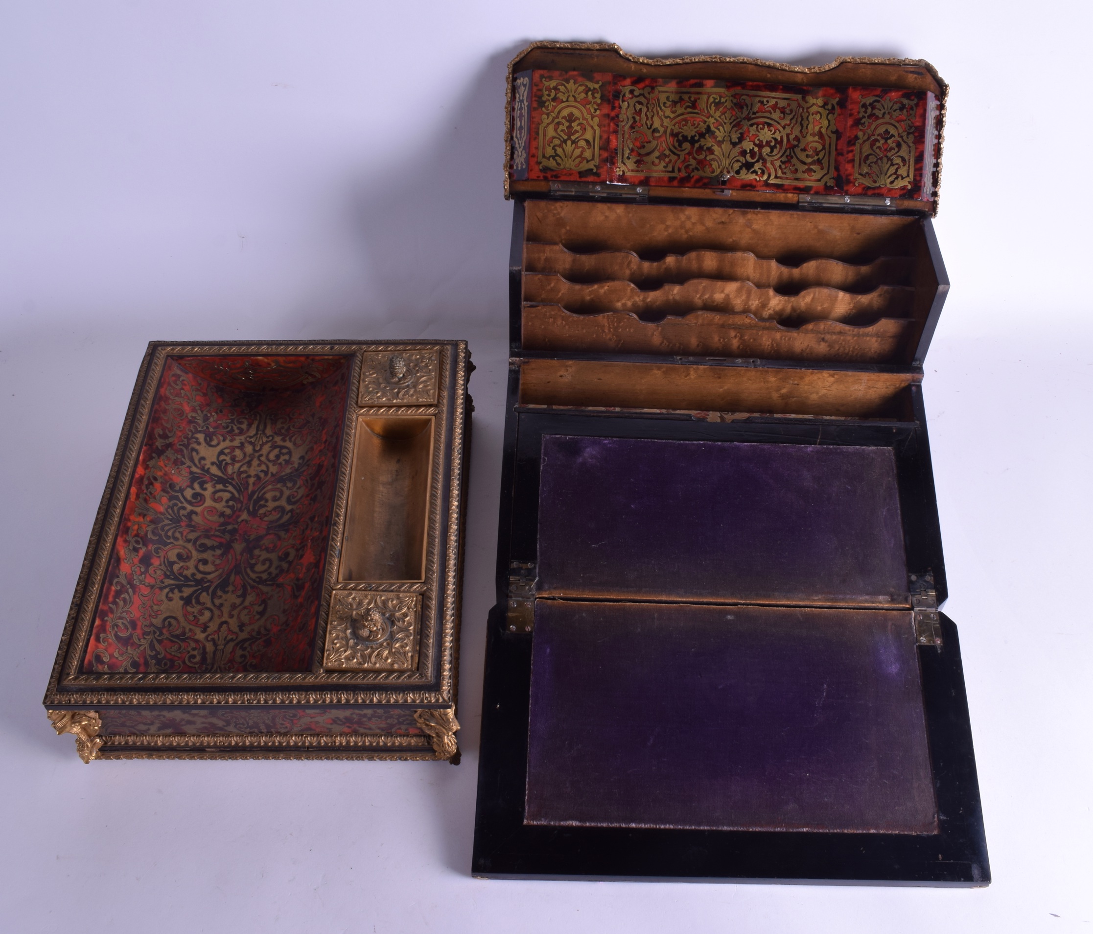 A LARGE 19TH CENTURY FRENCH BOULLE WORK DESK STATIONARY CABINET with large matching inkwell, decora - Bild 2 aus 2