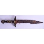 AN UNUSUAL EARLY MIDDLE EUROPEAN BRONZE SHORT SWORD inset with a silver coin & garnets. 46 cm x 12