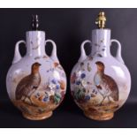 A FINE RARE PAIR OF 19TH CENTURY OPALINE GLASS TWIN HANDLED FLASKS converted to lamps, enamelled wi