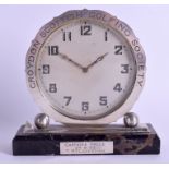 A 1930S CROYDON SILVER SCOTTISH GOLFING SOCIETY CAPTAINS CLOCK. 15 cm x 15 cm.