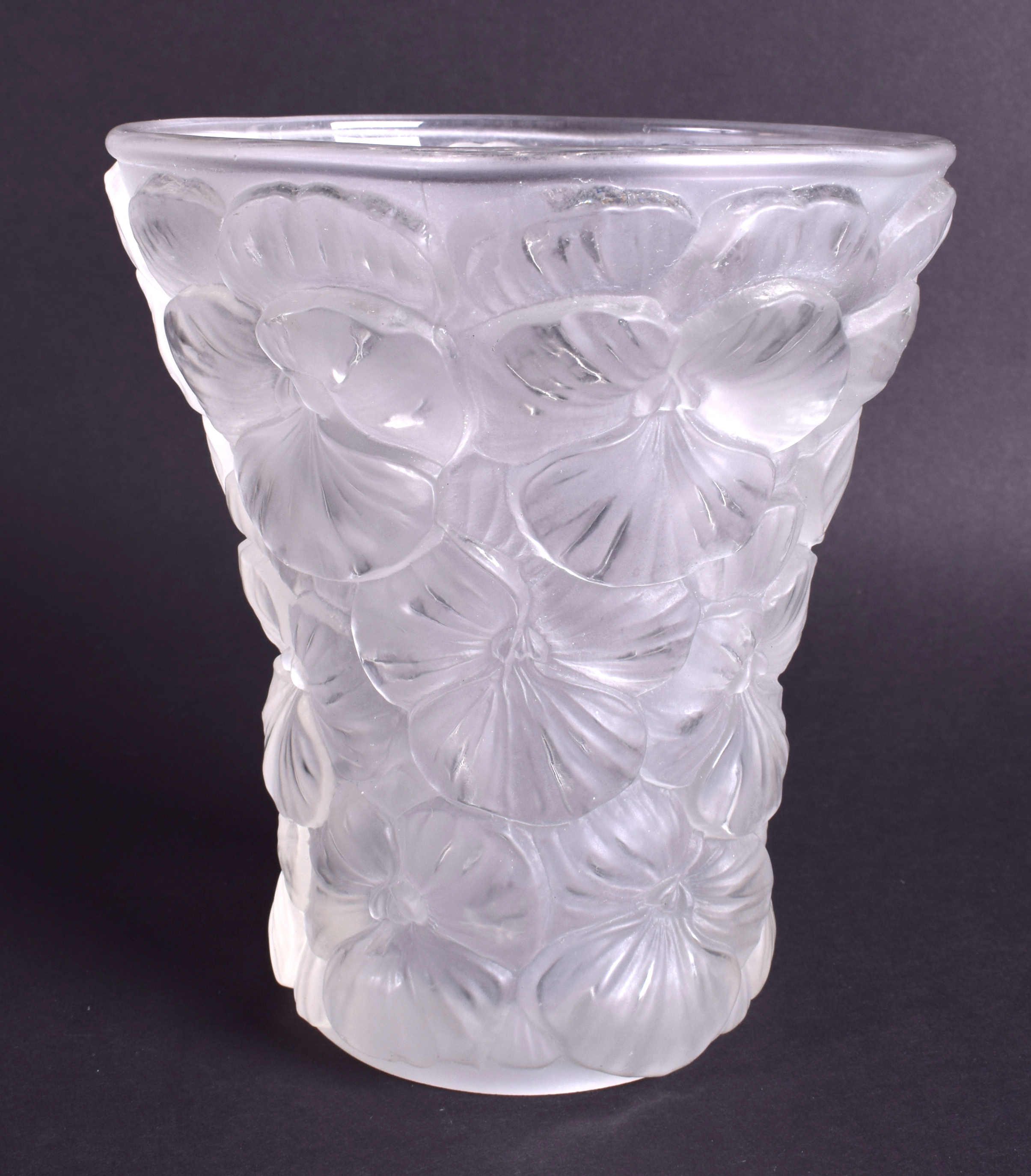 A 1930S JOSEF INWALD BAROLAC GLASS VASE decorated with pansies. 14 cm high.