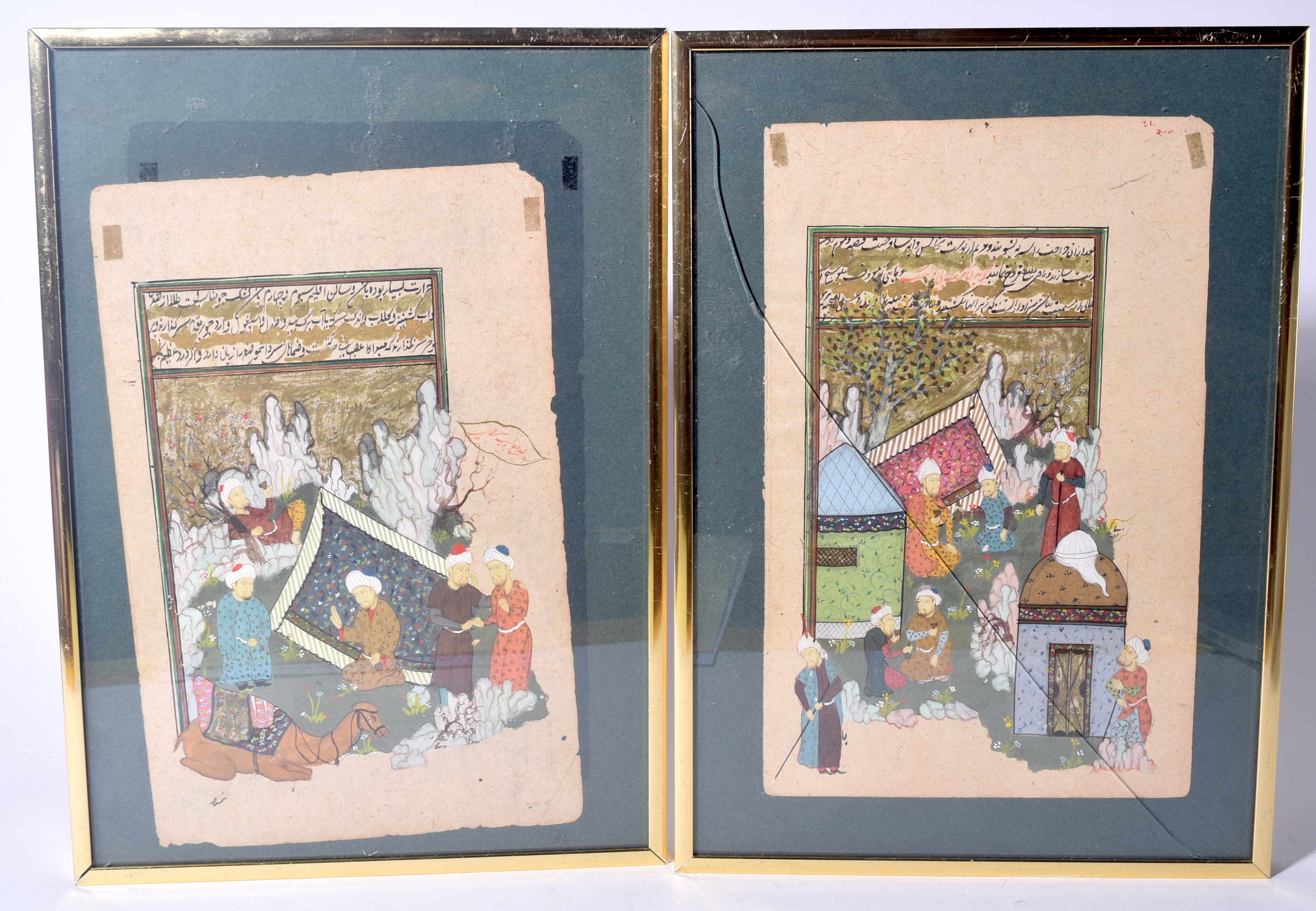 A FRAMED PAIR OF 19TH CENTURY PERSIAN GOUACHE ILLUMINATED MANUSCRIPT, depicting figures in various