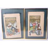 A FRAMED PAIR OF 19TH CENTURY PERSIAN GOUACHE ILLUMINATED MANUSCRIPT, depicting figures in various