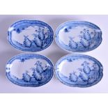 A SET OF FOUR 19TH CENTURY JAPANESE MEIJI PERIOD BLUE AND WHITE DISHES painted with landscapes. 16