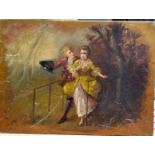 A 19TH CENTURY CONTINENTAL OIL ON BOARD depicting a couple on a bridge. 38 cm x 52 cm.