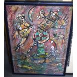 SCHOOL OF KAREL APPEL (1921-2006) FRAMED DUTCH ABSTRACT OIL ON BOARD, creatures in flight over a wi