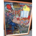 SCHOOL OF VLADIMIR YAKOVLEV (1934-1998) FRAMED RUSSIAN ABSTRACT OIL ON BOARD, figures and animals