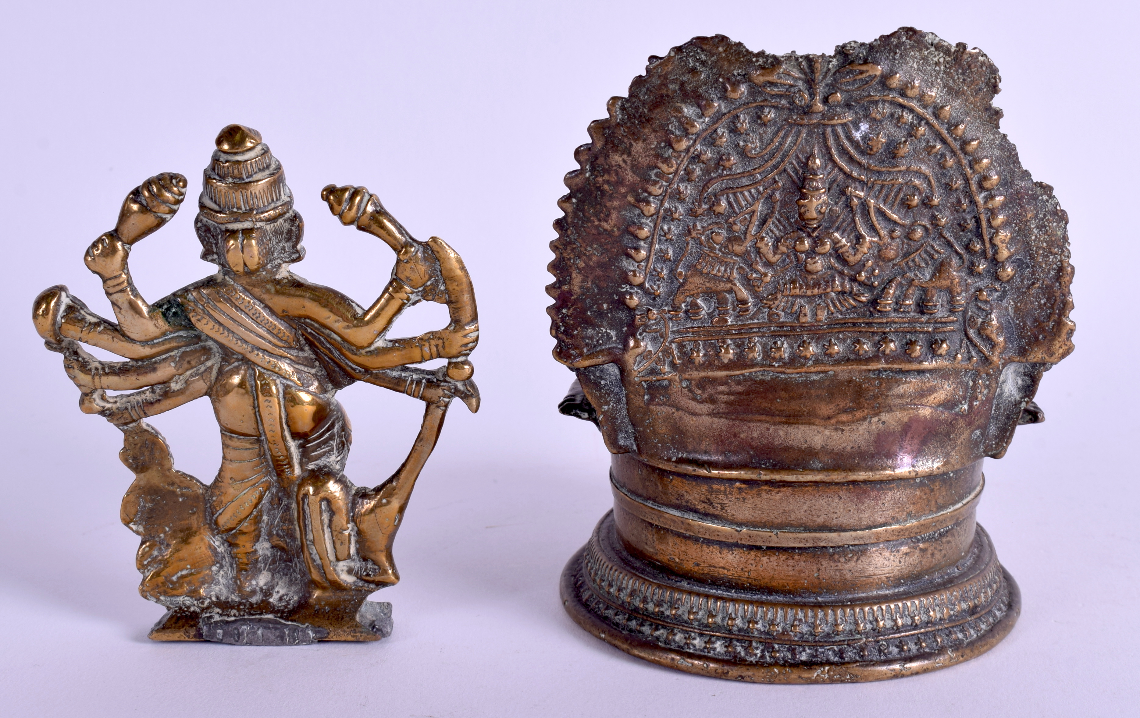 A 19TH CENTURY INDIAN BRONZE FIGURE OF A BUDDHIST DEITY together with an Eastern censer. 11 cm & 13 - Image 2 of 3