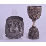 A RARE 19TH CENTURY INDIAN SILVER KUTCH WAGERING CUP together with an Asian silver buckle. 5.6 oz.