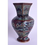 AN UNUSUAL 19TH CENTURY CHINESE CLOISONNE ENAMEL VASE decorated with taotie mask heads. 16 cm high.