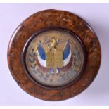 A MID 19TH CENTURY FRENCH FRUITWOOD AND TORTOISESHELL SNUFF BOX enamelled with a flag. 6.75 cm wide