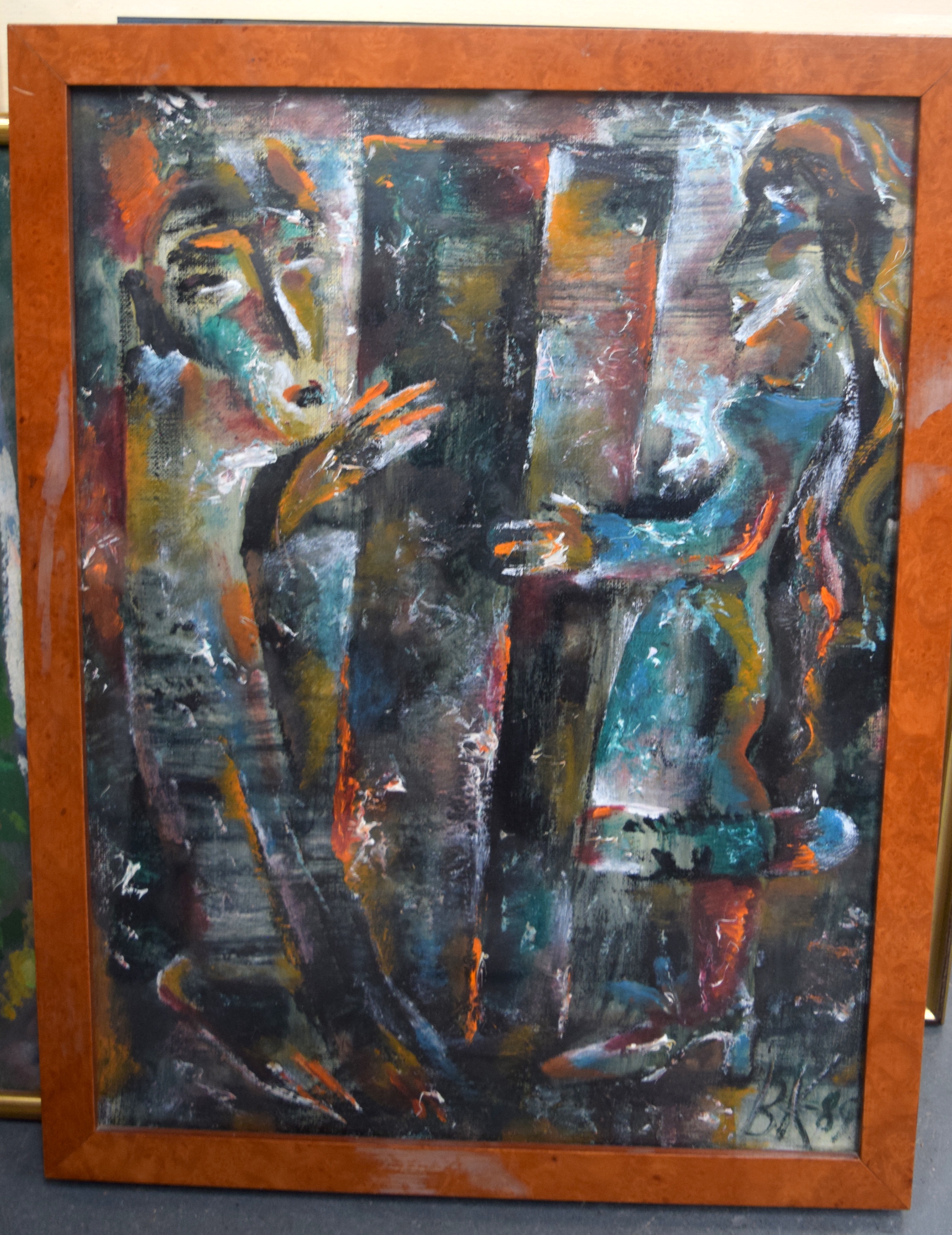B. K (Russian) FRAMED ABSTRACT OIL & ACRYLIC ON BOARD, opposing figures, initialled & dated '89. 49