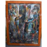 B. K (Russian) FRAMED ABSTRACT OIL & ACRYLIC ON BOARD, opposing figures, initialled & dated '89. 49