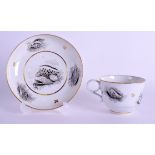 AN EARLY 19TH CENTURY BARR WORCESTER CUP AND SAUCER printed with shells. (2)