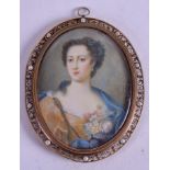AN ANTIQUE PAINTED IVORY MINIATURE within a pearl frame. 6 cm x 8.5 cm.