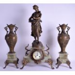 A 19TH CENTURY FRENCH SPELTER AND ONYX CLOCK GARNITURE with openwork foliate banding. Clock 61 cm x