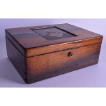 A LARGE MID 19TH CENTURY MAHOGANY FOUR DIVISION TEA CADDY inset with an Antique oil on tin, possibl