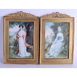 A LARGE PAIR OF 19TH CENTURY CONTINENTAL IVORY MINIATURE painted with females within landscapes. Im